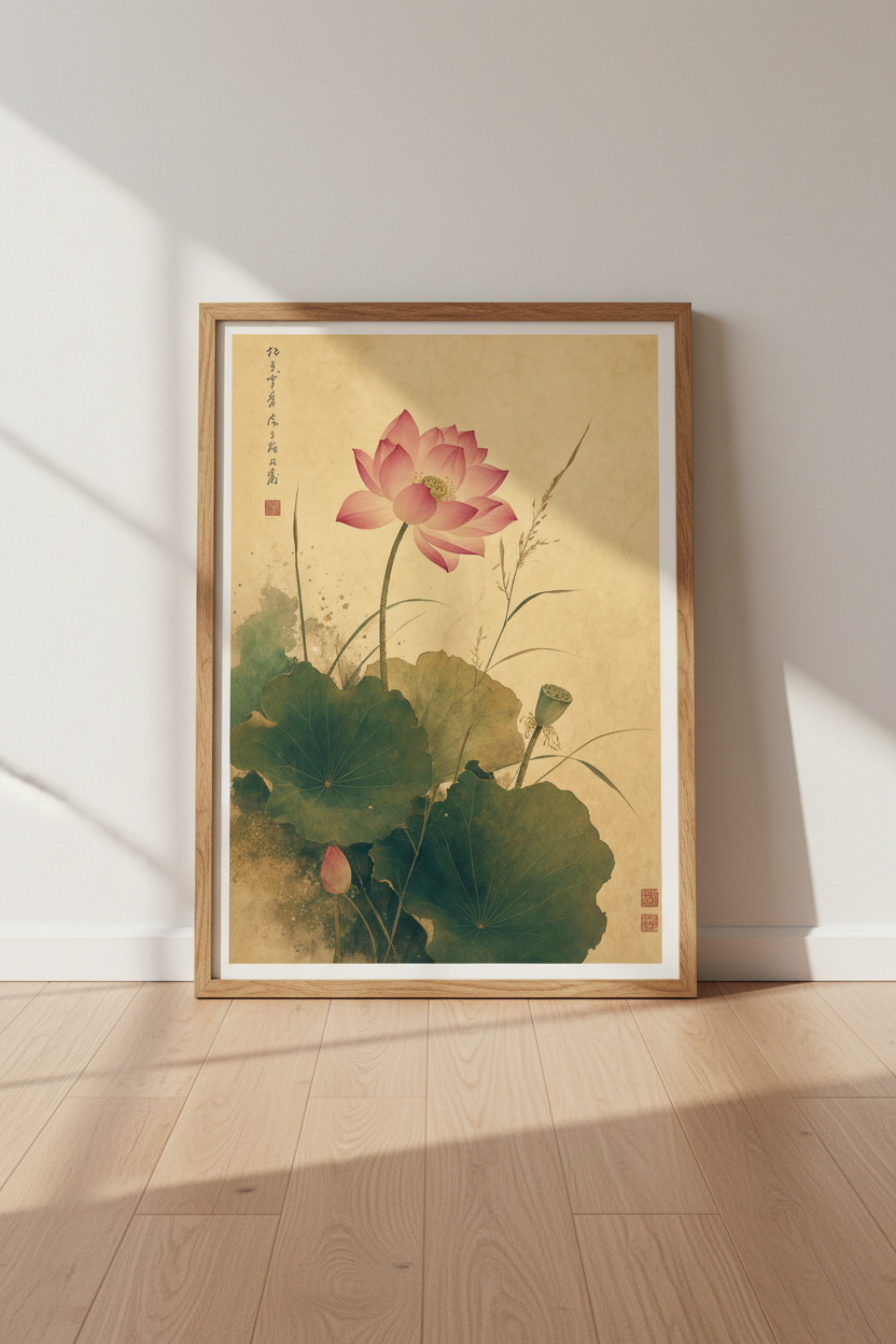 Pink Lotus Flower Wall Art | Vintage Botanical Zen Print, Bedroom Living Room Decor