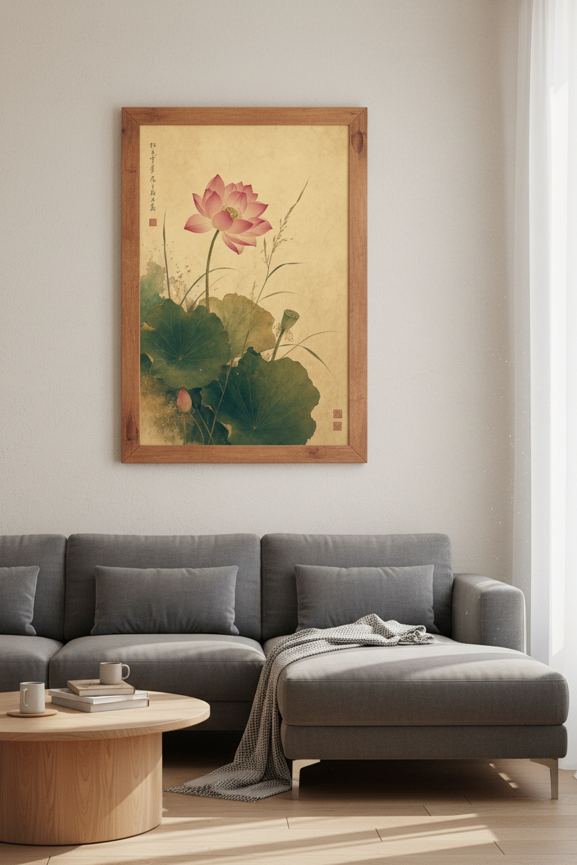 Pink Lotus Flower Wall Art | Vintage Botanical Zen Print, Bedroom Living Room Decor
