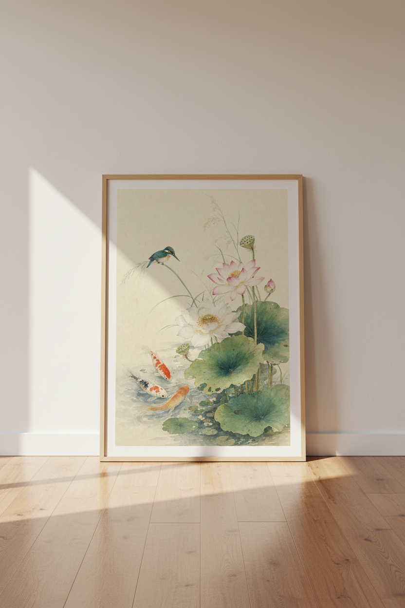 Japanese Koi &amp; Lotus Wall Art Print | Teal Kingfisher Zen Decor | Watercolor Poster