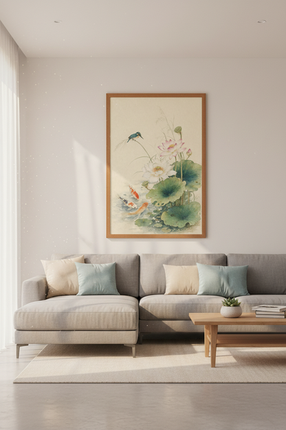 Japanese Koi &amp; Lotus Wall Art Print | Teal Kingfisher Zen Decor | Watercolor Poster
