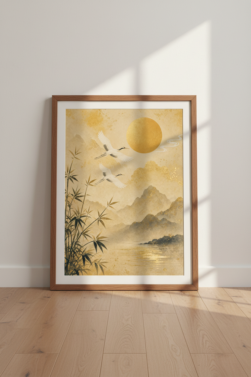 Japanese Crane Sun Wall Art | Gold Mountain Landscape, Zen Home Decor Poster