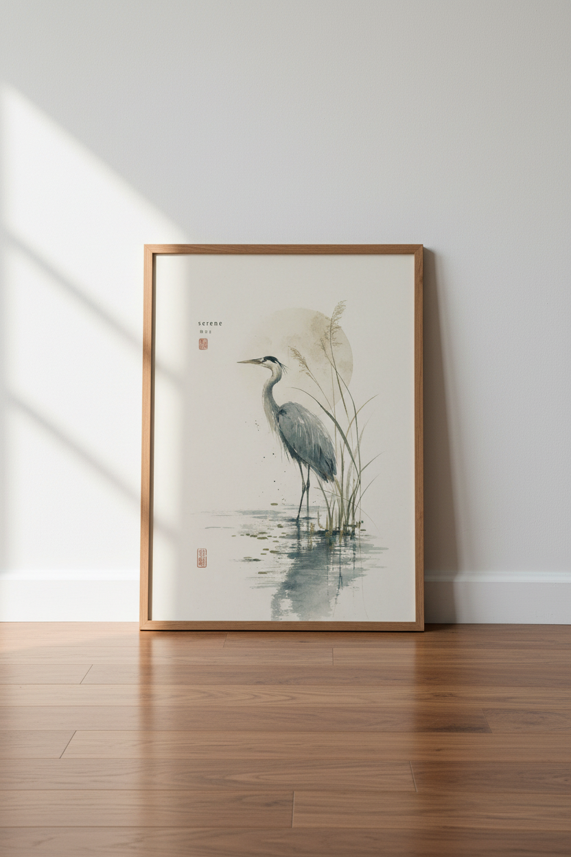 Blue Heron Bird Wall Art | Japanese Sumi-e Style, Zen Minimalist Decor Poster