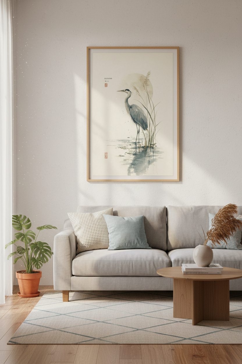 Blue Heron Bird Wall Art | Japanese Sumi-e Style, Zen Minimalist Decor Poster