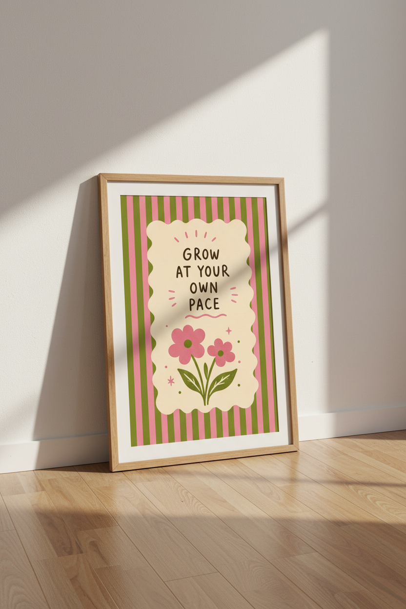 Grow At Your Own Pace Floral Wall Art | Pink Green Retro Decor | Positive Quote Poster