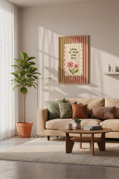 Grow At Your Own Pace Floral Wall Art | Pink Green Retro Decor | Positive Quote Poster