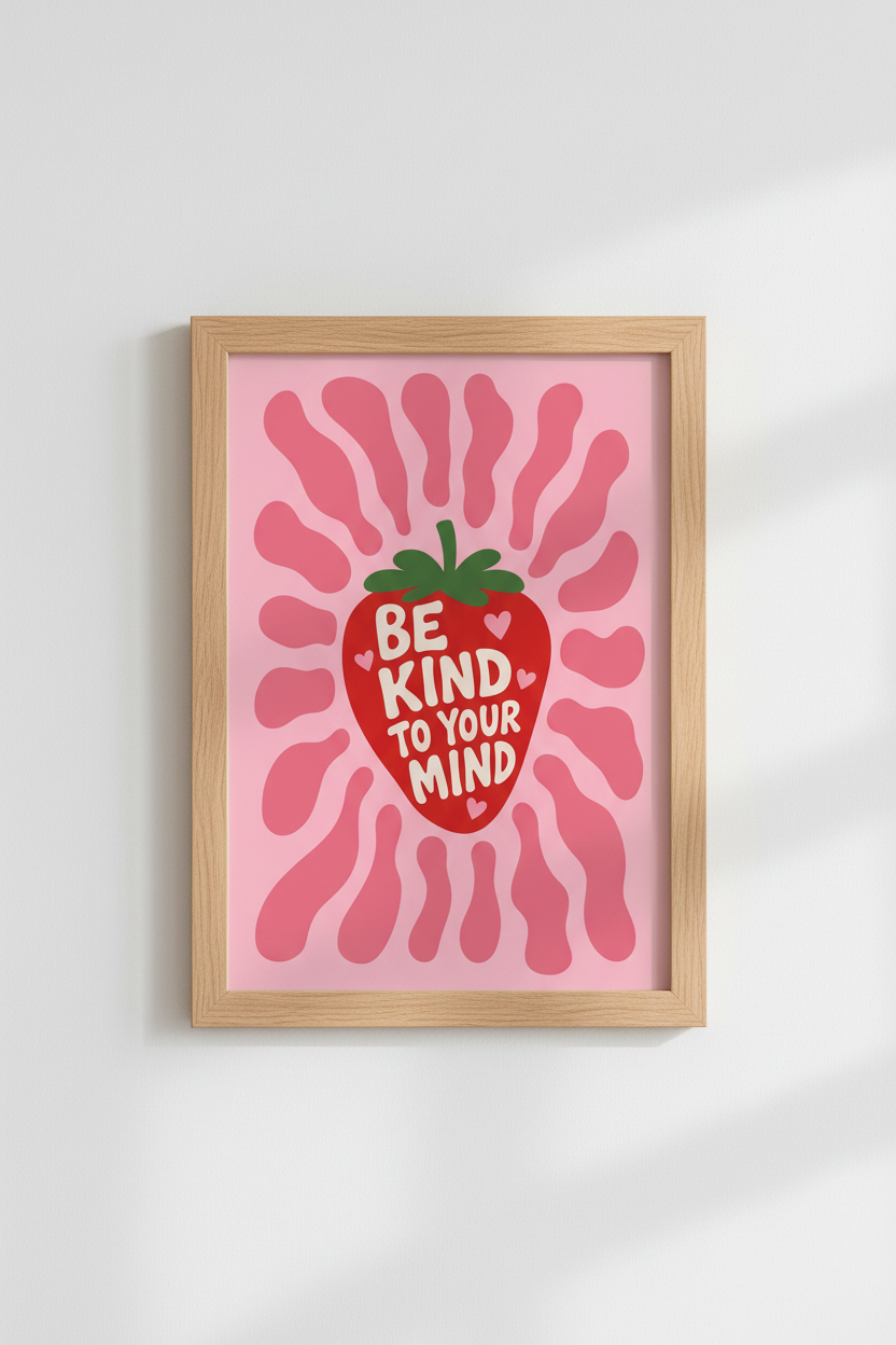 Retro Strawberry Wall Art Print | Pink Mental Health Poster | Groovy Modern Dorm Decor