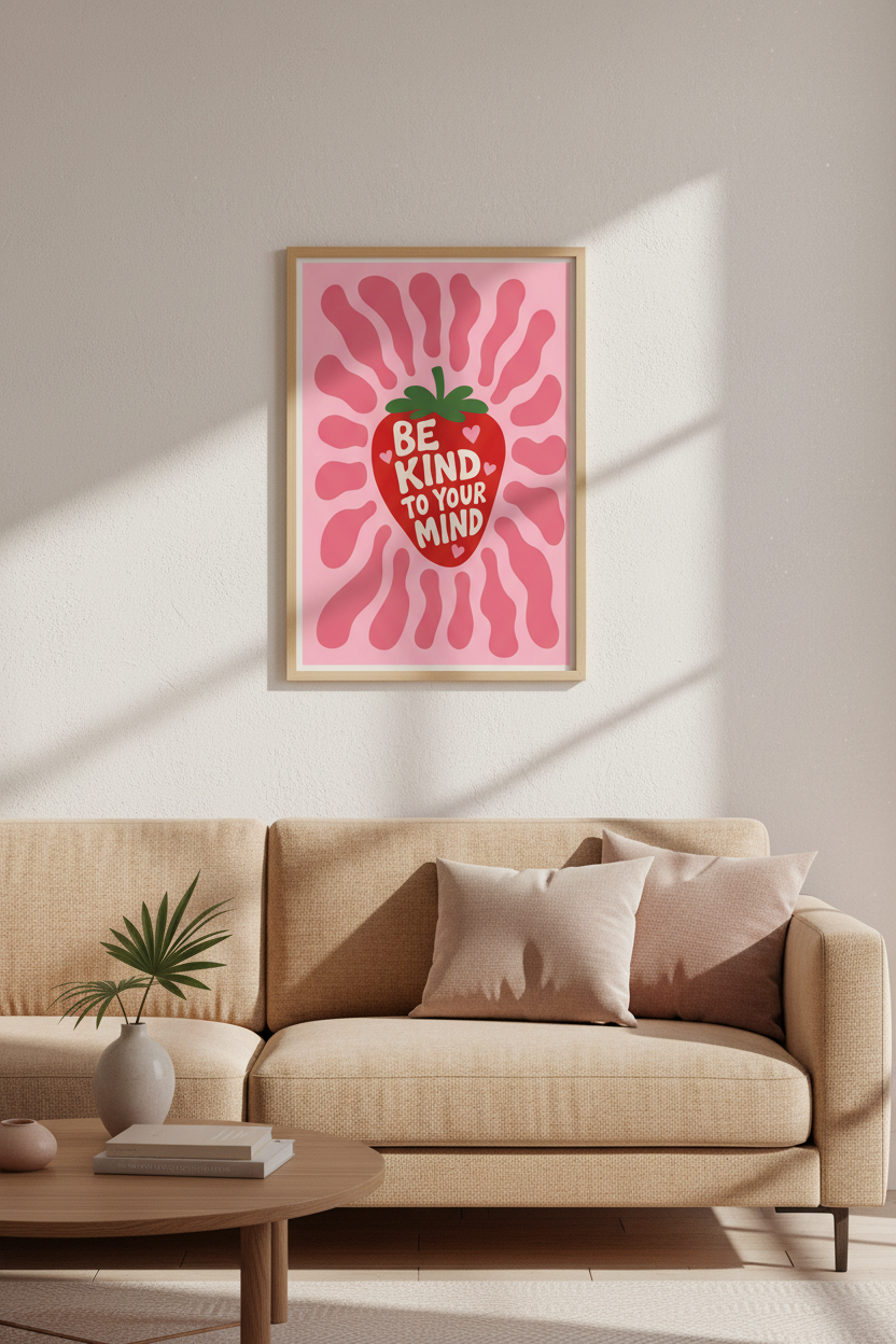 Retro Strawberry Wall Art Print | Pink Mental Health Poster | Groovy Modern Dorm Decor