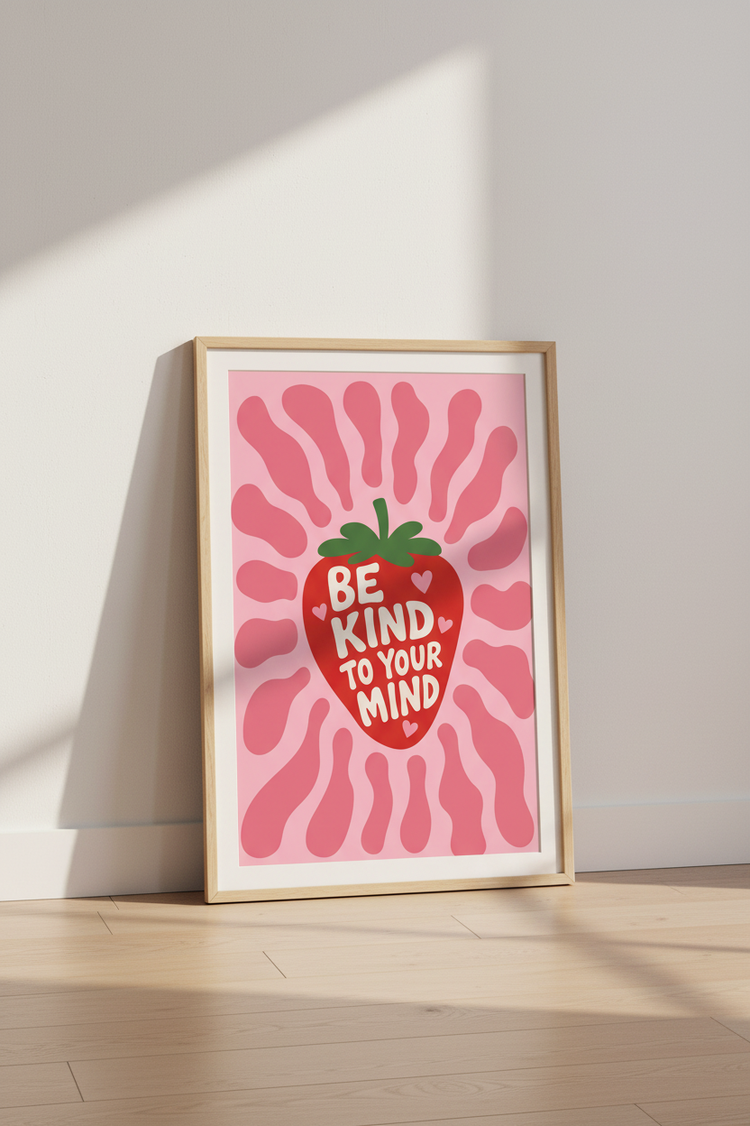 Retro Strawberry Wall Art Print | Pink Mental Health Poster | Groovy Modern Dorm Decor