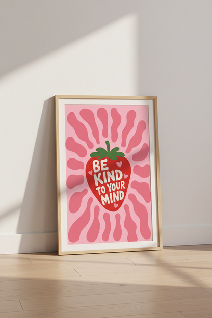 Retro Strawberry Wall Art Print | Pink Mental Health Poster | Groovy Modern Dorm Decor
