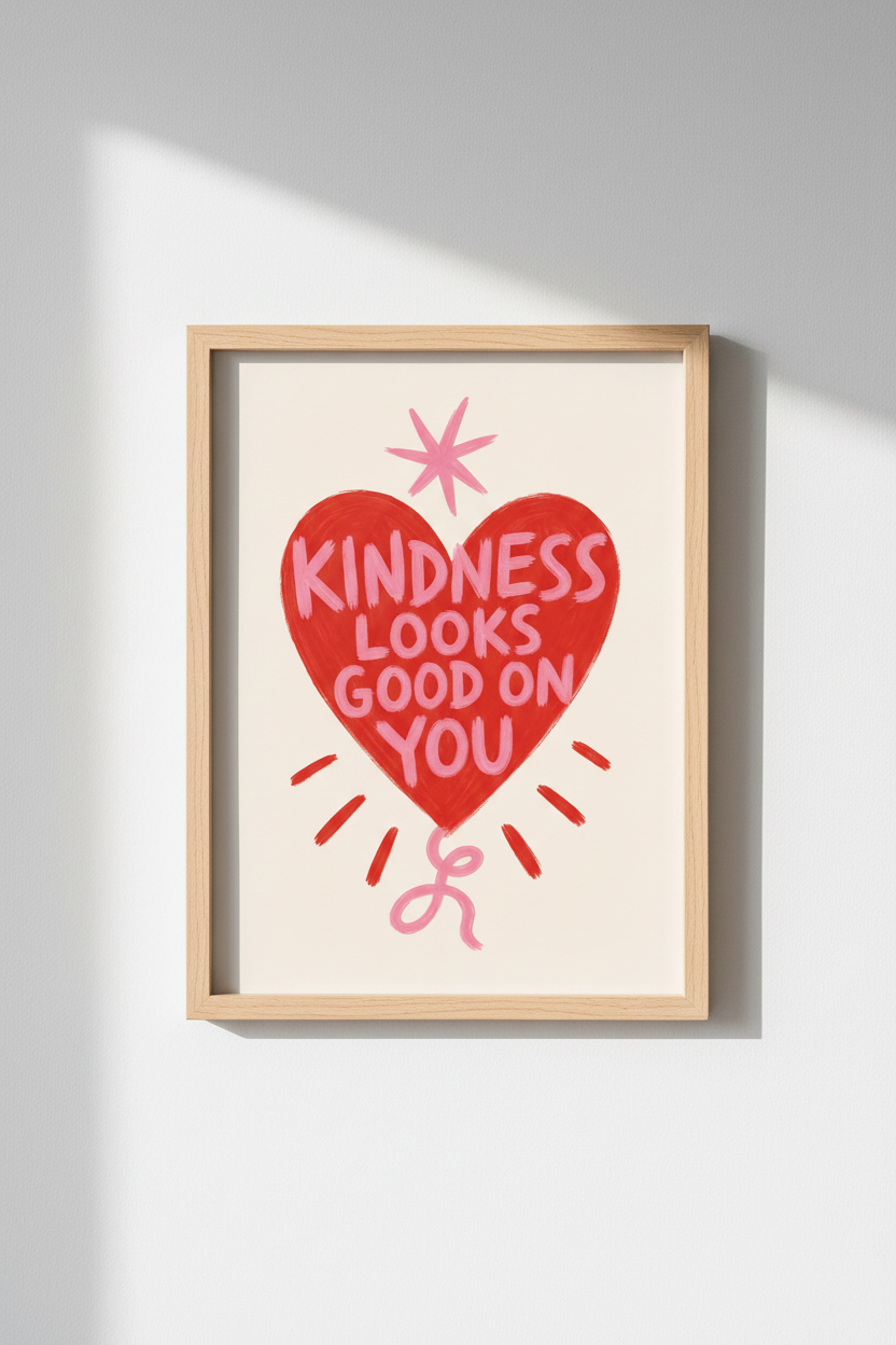 Retro Heart Wall Art Print | Kindness Quote Poster | Groovy Pink Red Decor