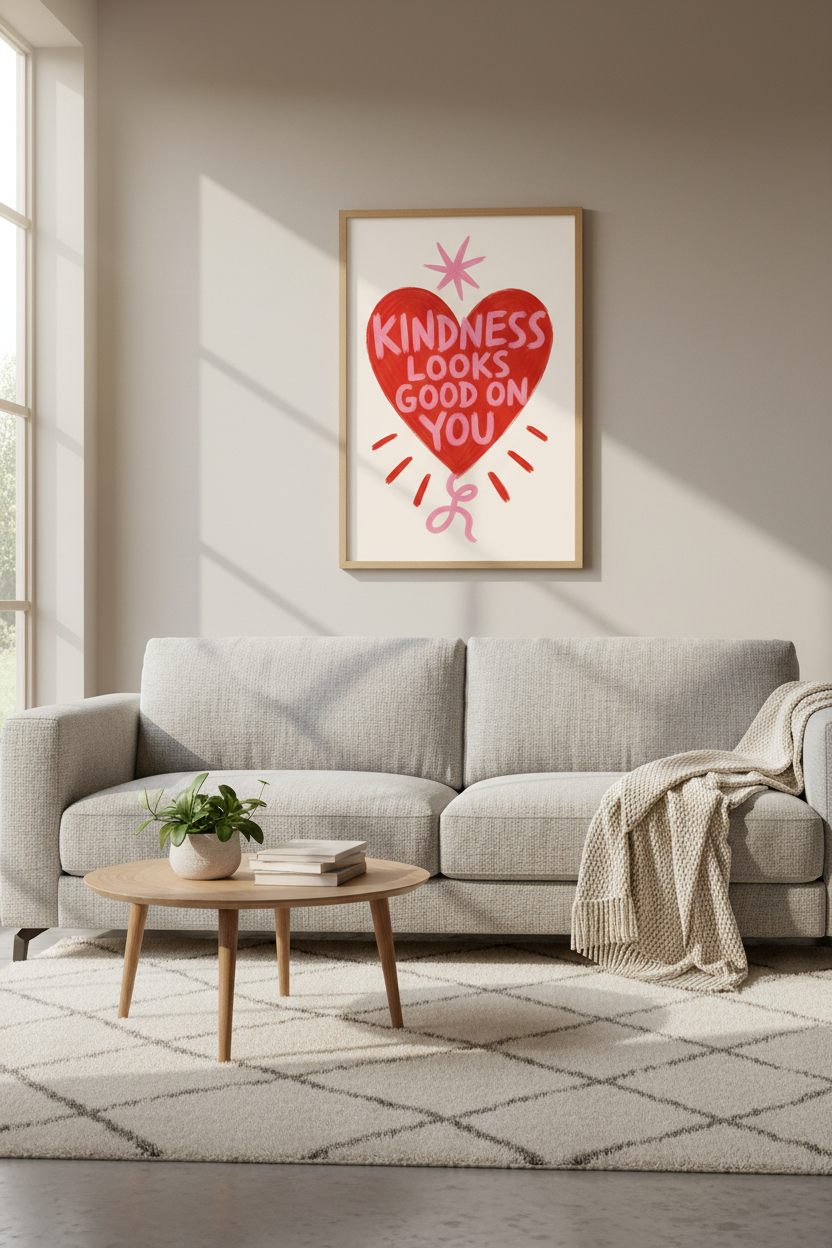 Retro Heart Wall Art Print | Kindness Quote Poster | Groovy Pink Red Decor