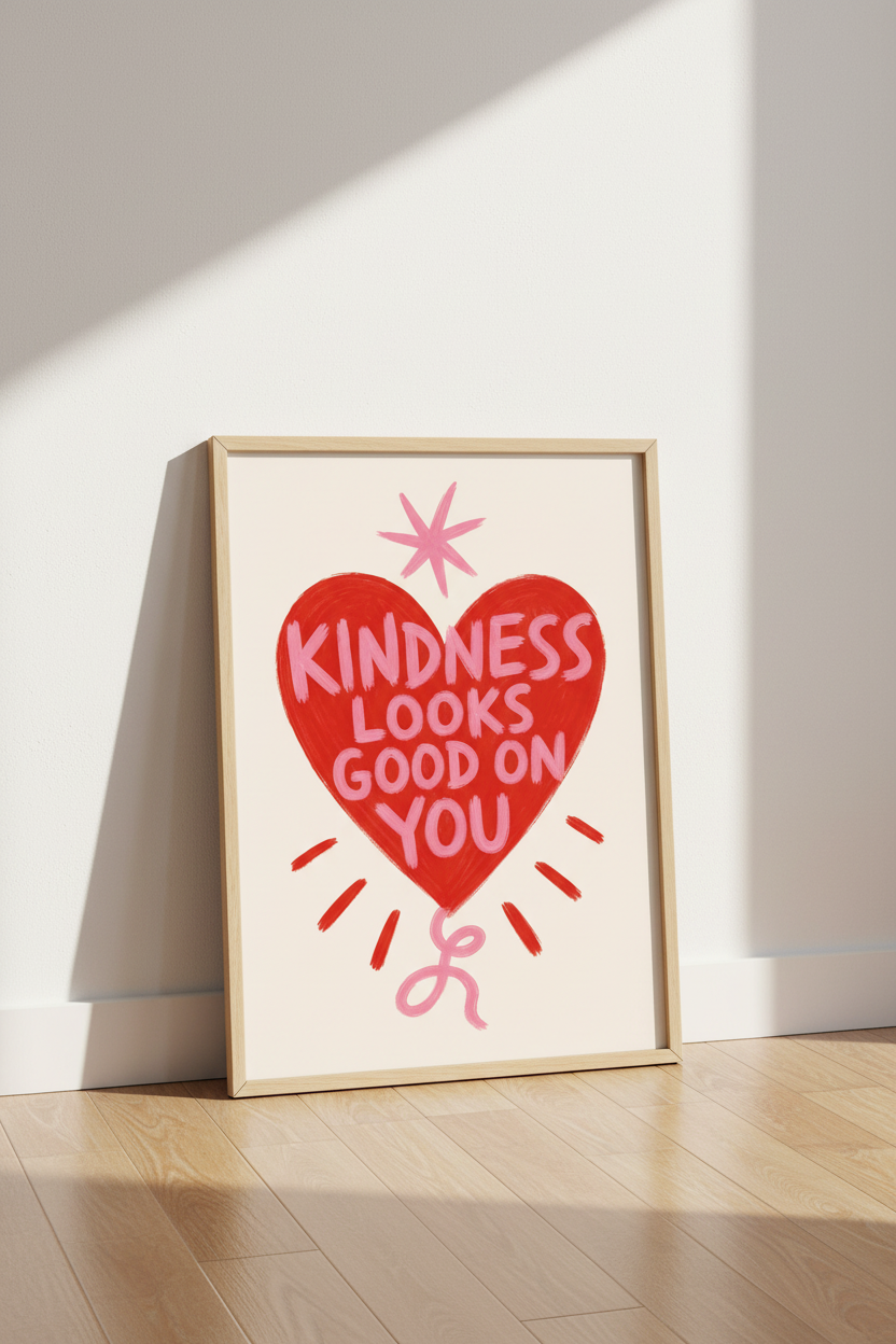 Retro Heart Wall Art Print | Kindness Quote Poster | Groovy Pink Red Decor