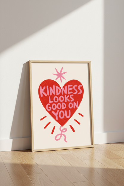 Retro Heart Wall Art Print | Kindness Quote Poster | Groovy Pink Red Decor
