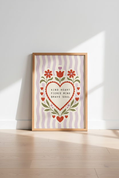 Kind Heart Brave Soul Print | Retro Folk Floral, Empowering Aesthetic Poster