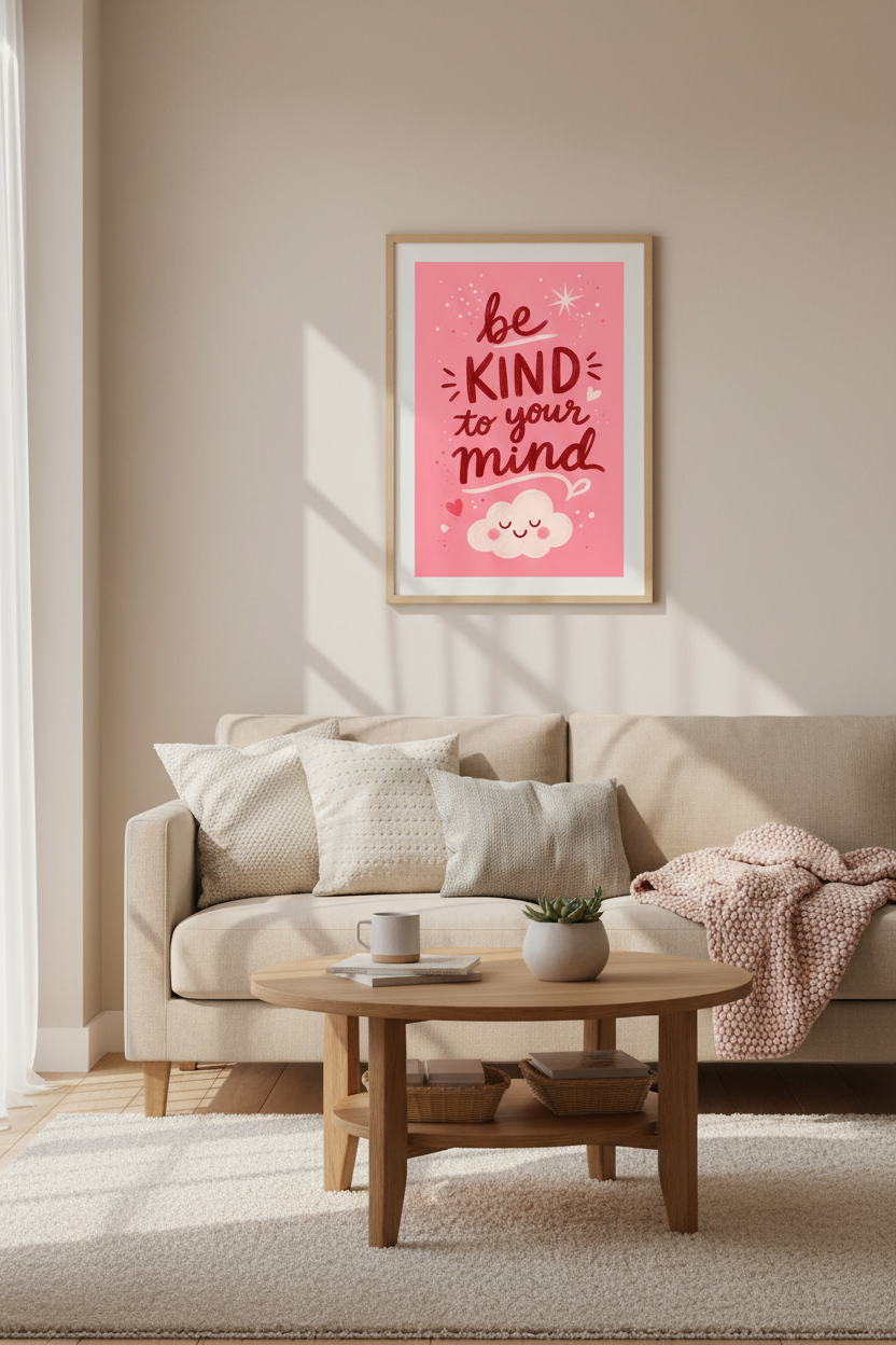 Mental Health Wall Art Print | Pink Be Kind To Your Mind, Therapy Office Decor