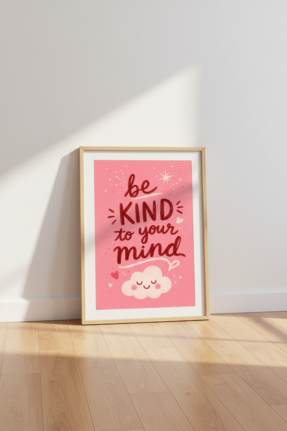 Mental Health Wall Art Print | Pink Be Kind To Your Mind, Therapy Office Decor