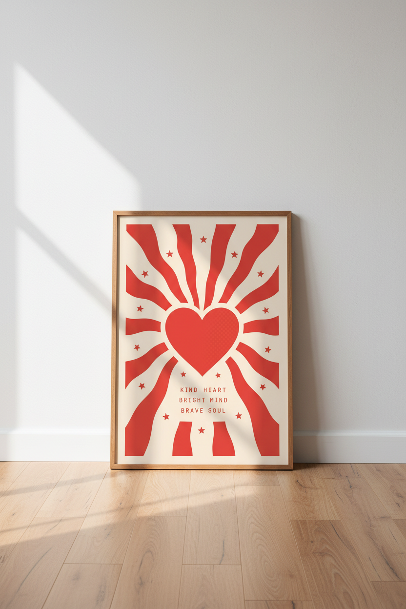 Retro Heart Wall Art Print | Red Sunburst Decor | Kind Heart Brave Soul Poster