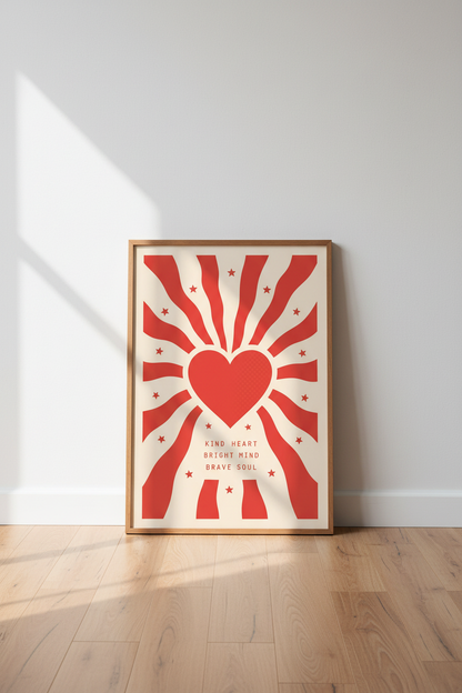 Retro Heart Wall Art Print | Red Sunburst Decor | Kind Heart Brave Soul Poster