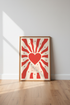 Retro Heart Wall Art Print | Red Sunburst Decor | Kind Heart Brave Soul Poster