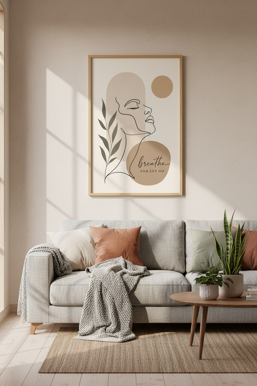 Minimalist Woman Line Art | Earth Tone Botanical, Bedroom Zen Decor Poster