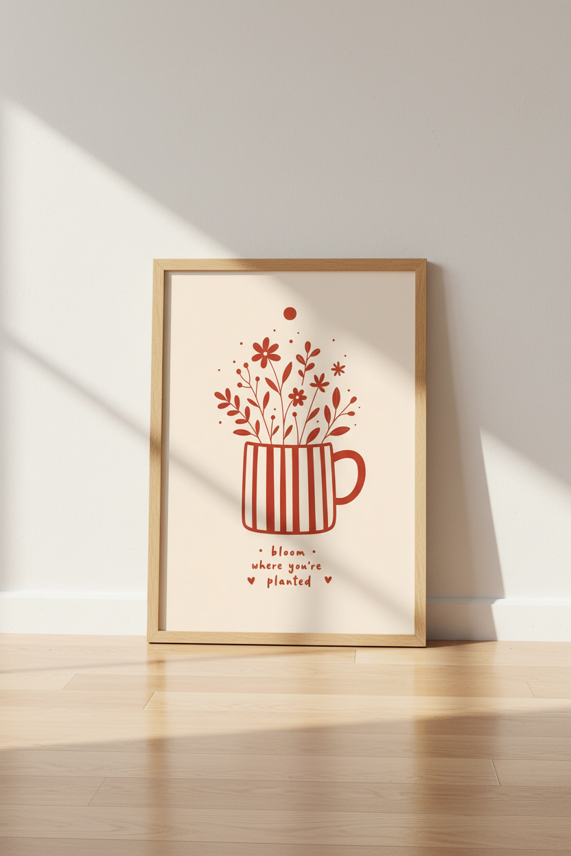Bloom Where Planted Floral Wall Art | Boho Terracotta Poster, Kitchen Decor