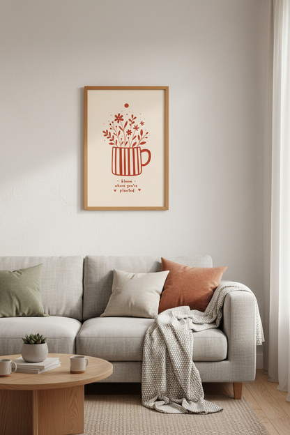 Bloom Where Planted Floral Wall Art | Boho Terracotta Poster, Kitchen Decor
