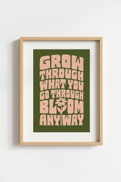 Grow Through What You Go Through Art | Green 70s Retro Print, Motivational Gift