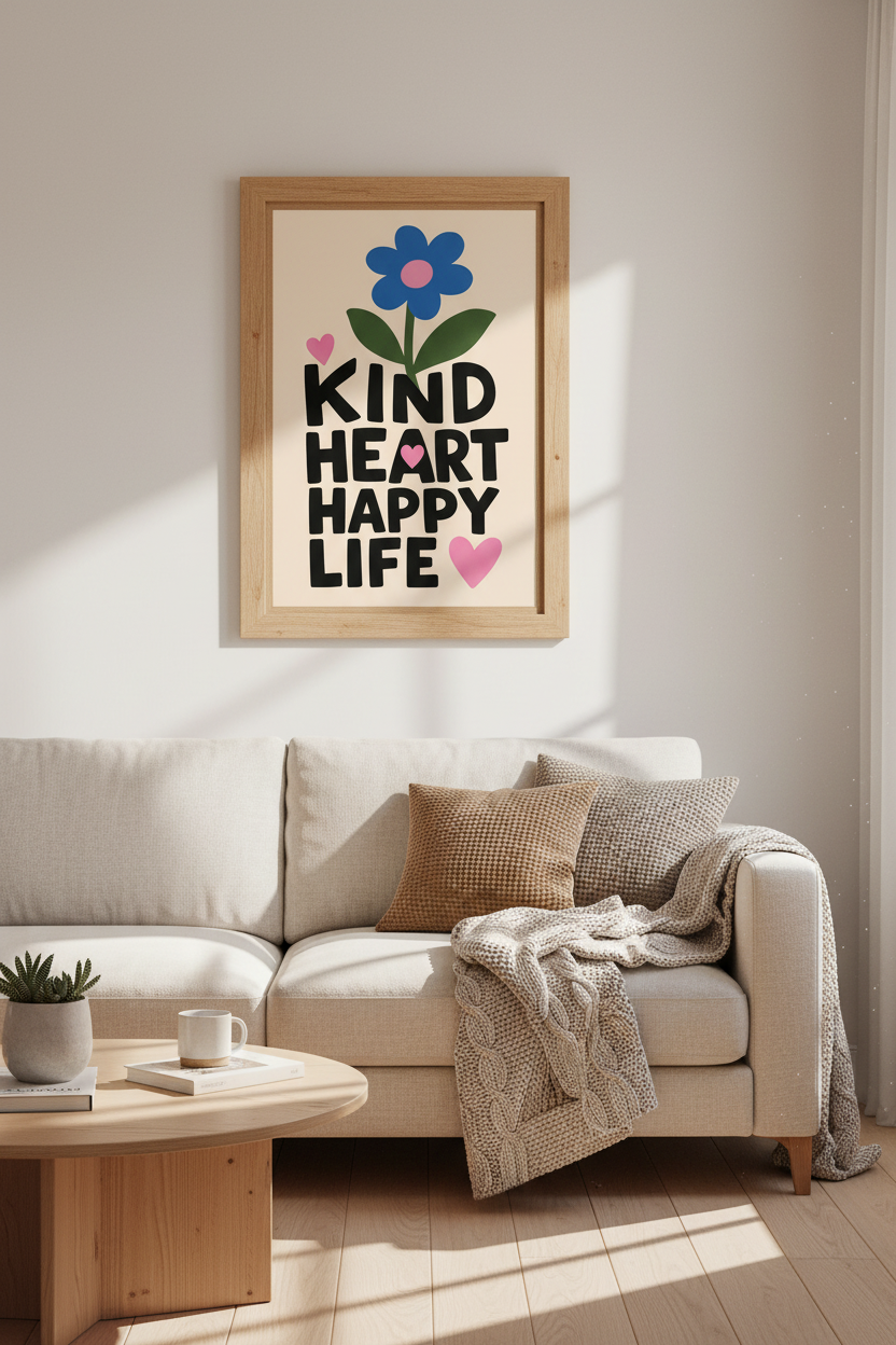 Danish Pastel Wall Art Print | Kind Heart Happy Life Quote, Colorful Flower Poster Decor