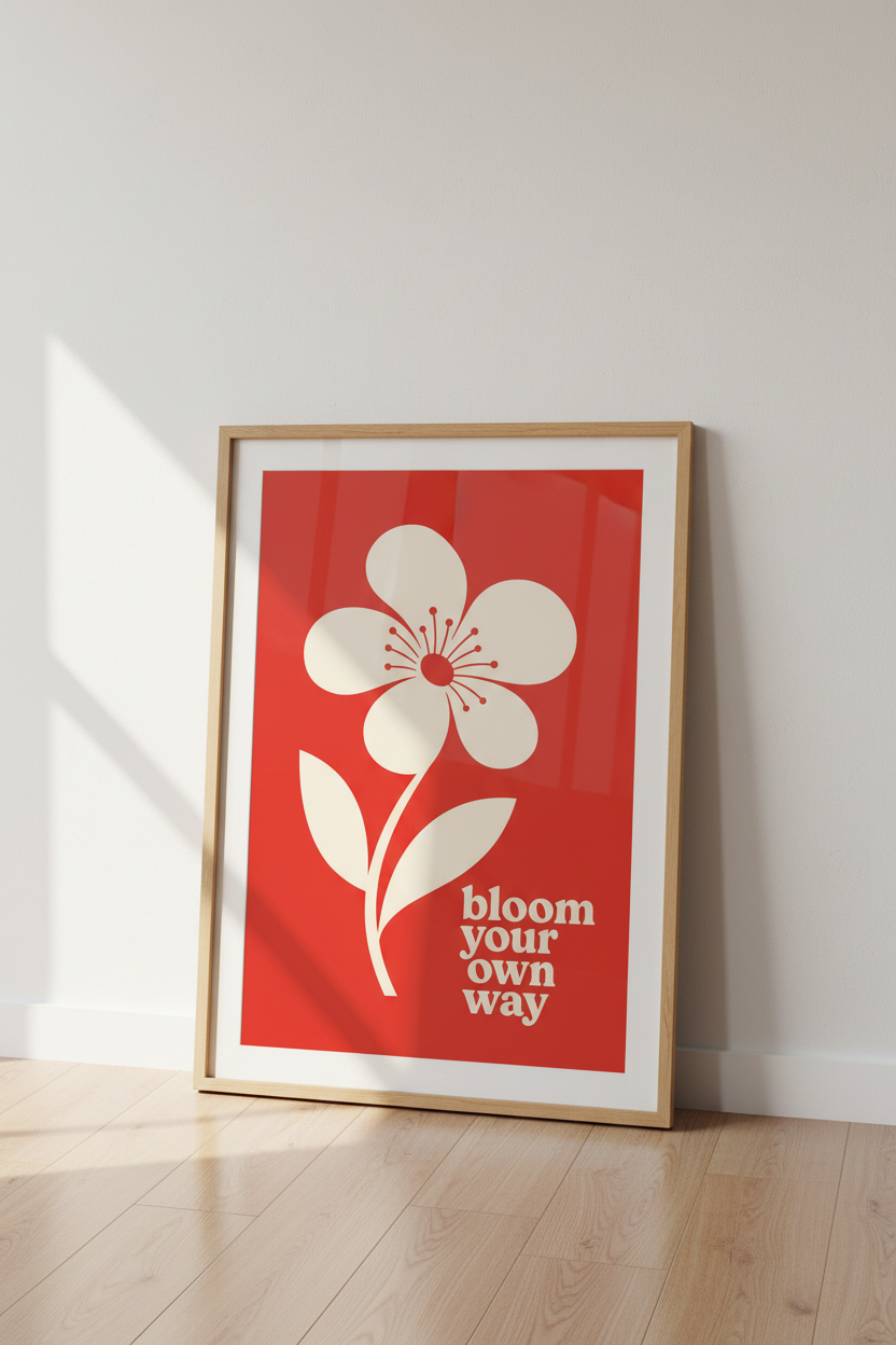 Retro Flower Wall Art Print | Red Floral Poster | Bloom Your Own Way Quote