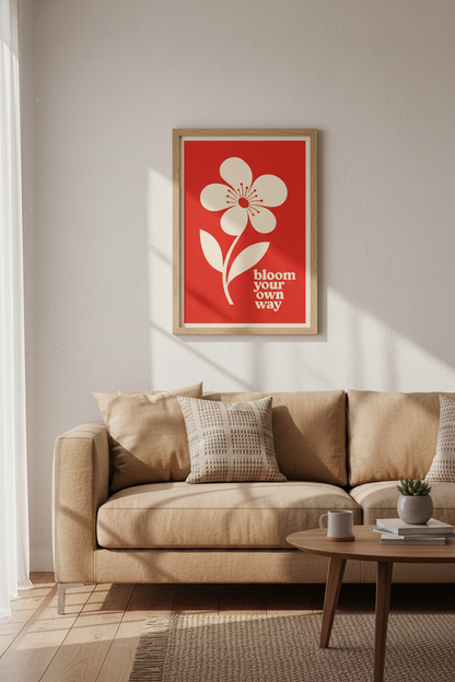 Retro Flower Wall Art Print | Red Floral Poster | Bloom Your Own Way Quote