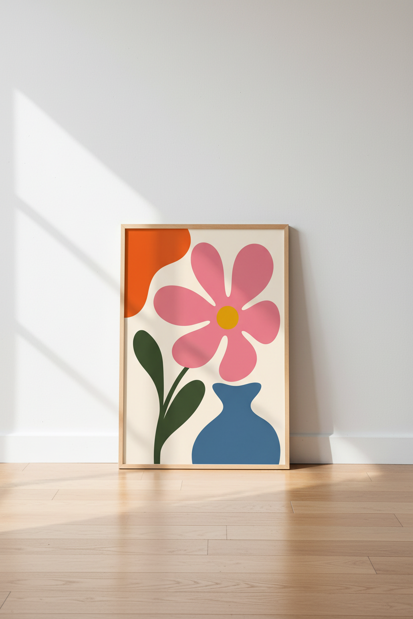 Floral art print | Bold pink petals, Cream backdrop, Living room decor
