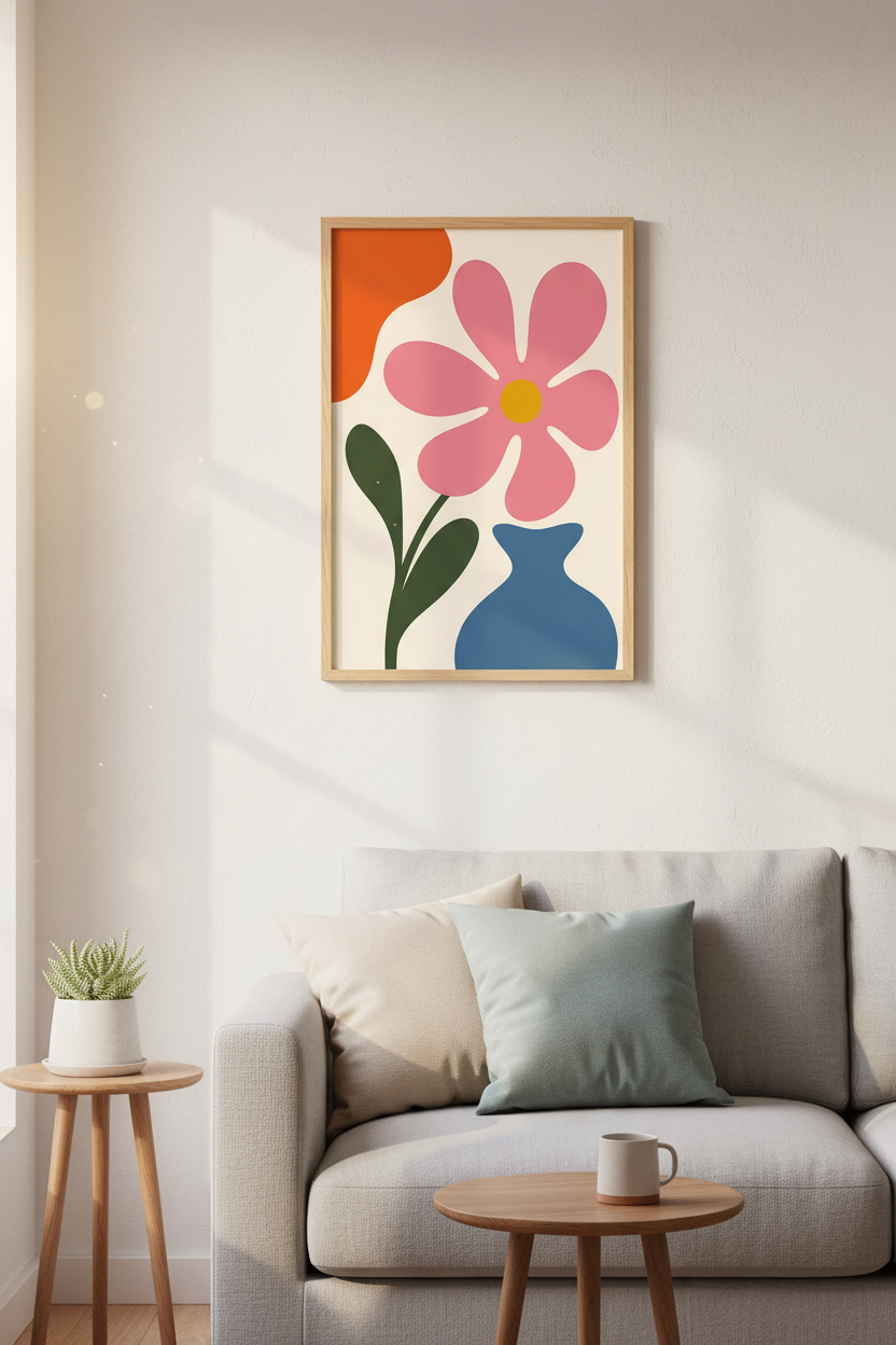 Floral art print | Bold pink petals, Cream backdrop, Living room decor