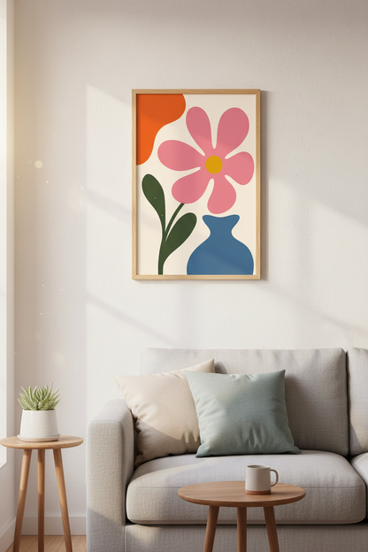 Floral art print | Bold pink petals, Cream backdrop, Living room decor