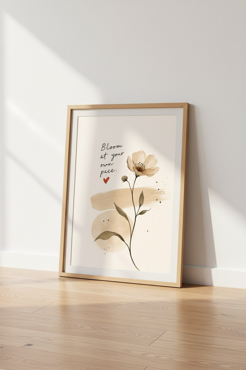 Bloom At Your Own Pace Floral Art | Minimalist Watercolor Poster, Boho Bedroom Decor