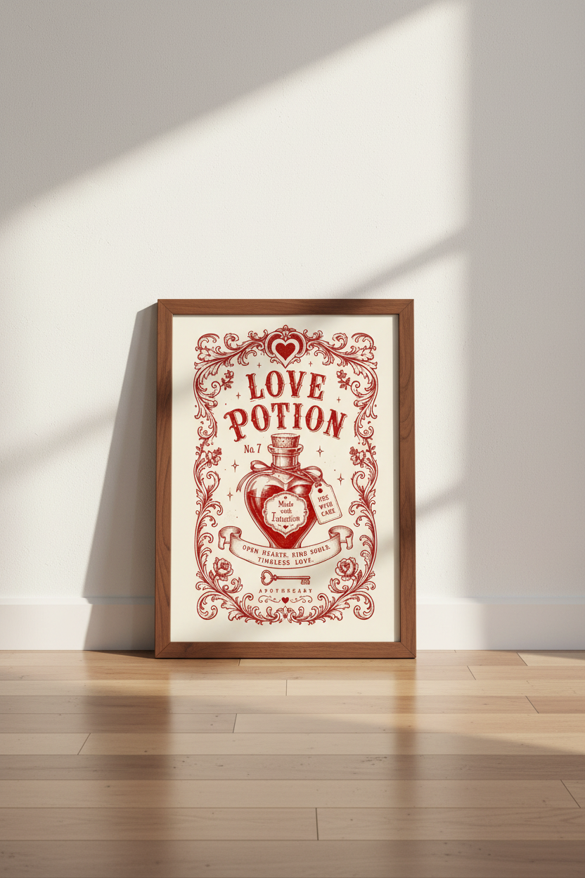 Love Potion Apothecary Art | Vintage Red Heart Poster, Romantic Bedroom Decor