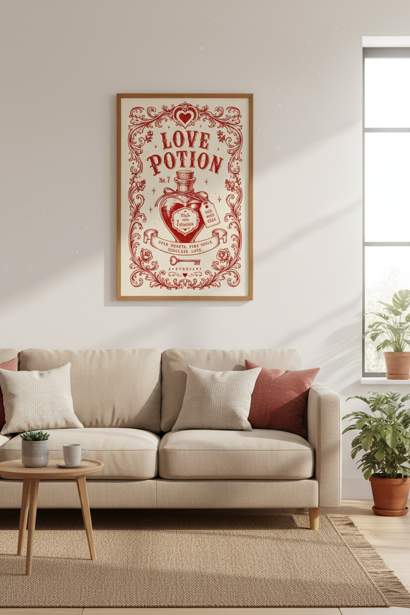 Love Potion Apothecary Art | Vintage Red Heart Poster, Romantic Bedroom Decor