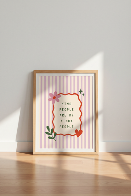 Kind People Quote Art | Retro Pastel Pink Stripes, Cute Bedroom Poster