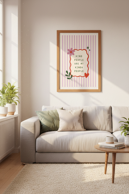 Kind People Quote Art | Retro Pastel Pink Stripes, Cute Bedroom Poster