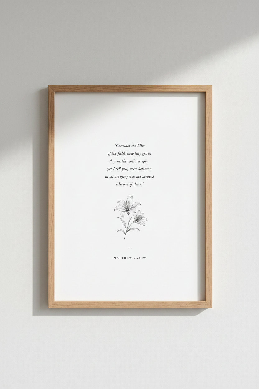 Consider the Lilies | Scripture Wall Art Print, Minimalist Floral Bedroom Decor Poster
