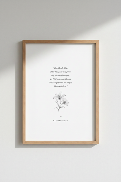 Consider the Lilies | Scripture Wall Art Print, Minimalist Floral Bedroom Decor Poster