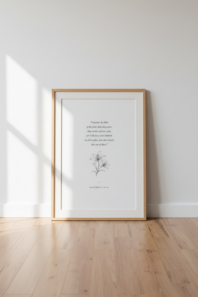 Consider the Lilies | Scripture Wall Art Print, Minimalist Floral Bedroom Decor Poster