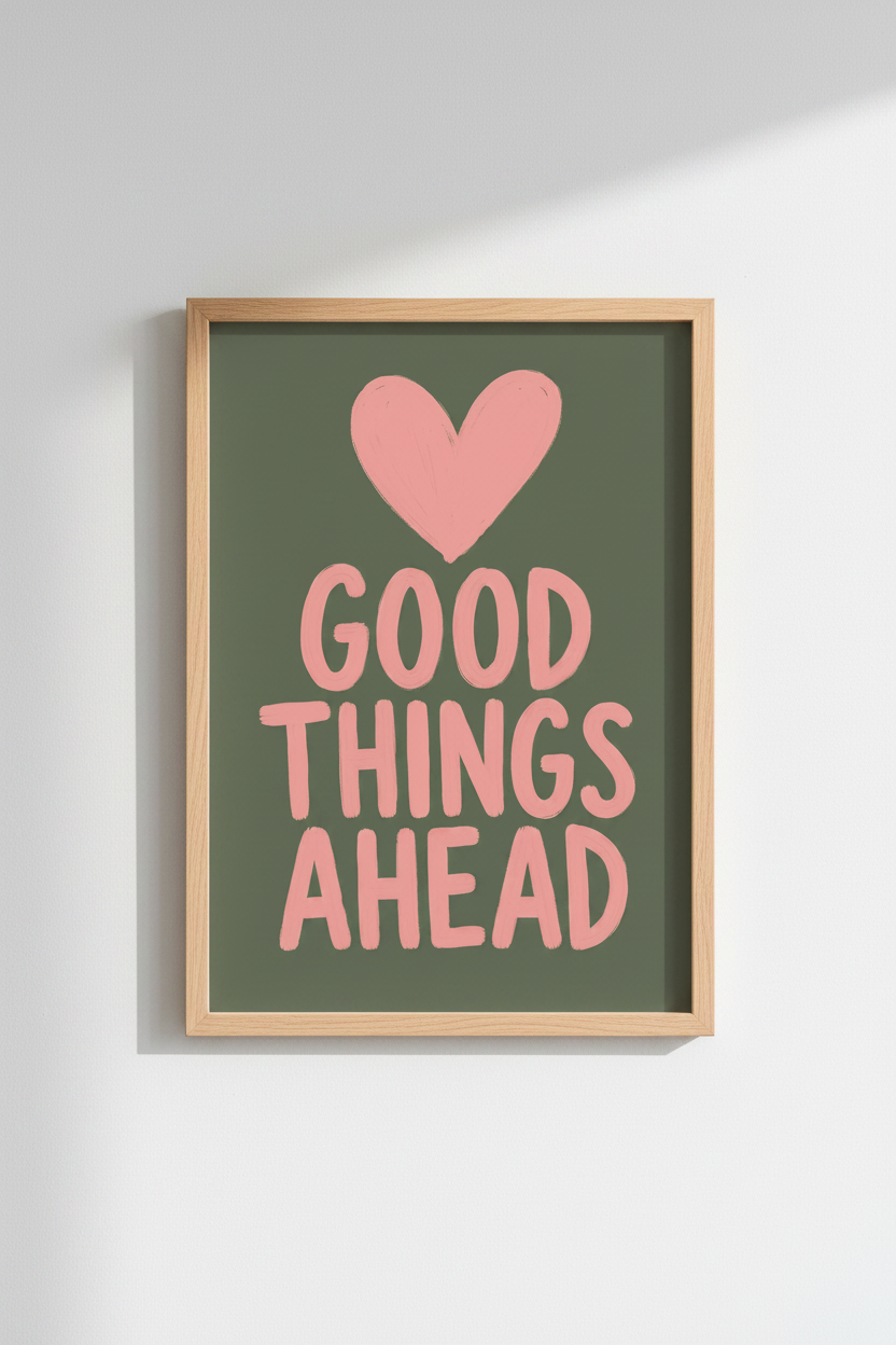 Good Things Ahead Wall Art Print | Sage Green &amp; Pink Decor | Positive Quote Poster