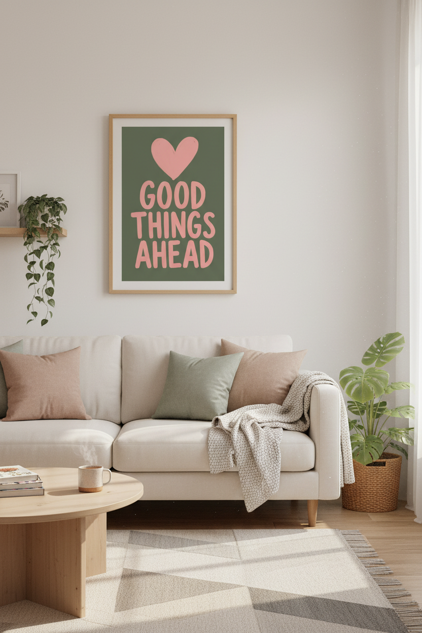Good Things Ahead Wall Art Print | Sage Green &amp; Pink Decor | Positive Quote Poster