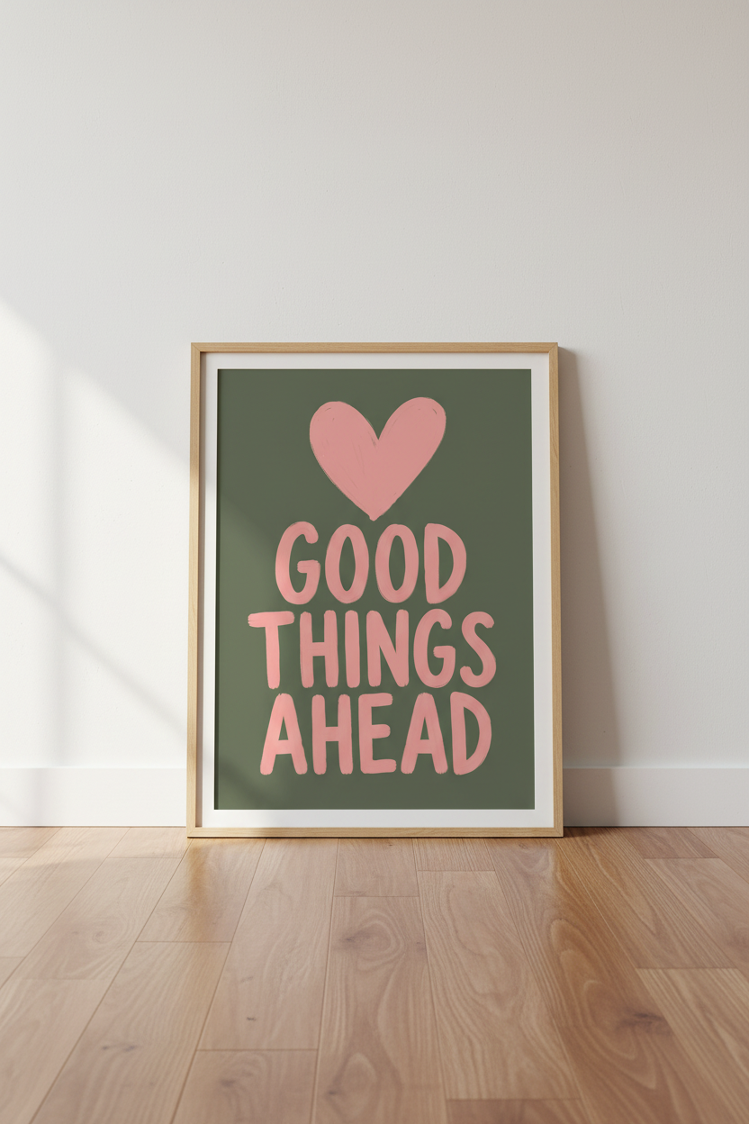 Good Things Ahead Wall Art Print | Sage Green &amp; Pink Decor | Positive Quote Poster