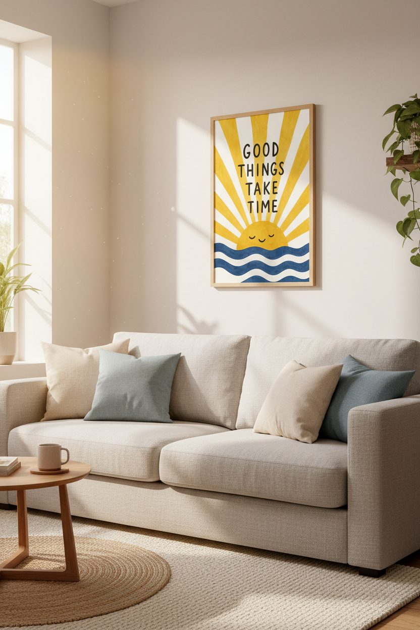 Good Things Take Time Wall Art | Yellow Sun &amp; Sea Decor | Motivational Boho Poster