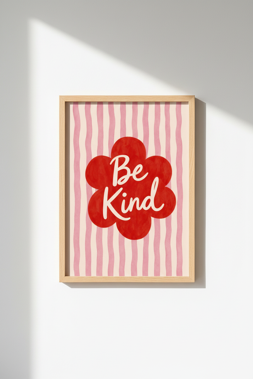 Be Kind wall art | Pop-inspired print, pink &amp; red palette | Living Room Decor