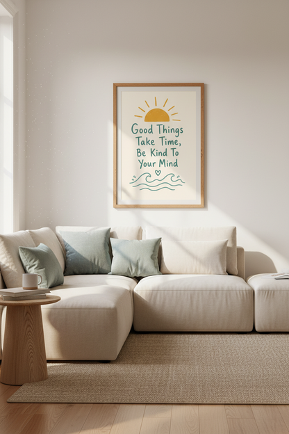 Good Things Take Time Quote Wall Art | Boho Sun &amp; Sea Poster | Mental Health Decor
