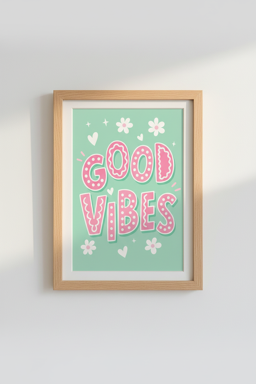 Retro Pastel Wall Art Print | Good Vibes Pink Mint Poster | Aesthetic Dorm Room Decor