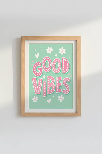 Retro Pastel Wall Art Print | Good Vibes Pink Mint Poster | Aesthetic Dorm Room Decor