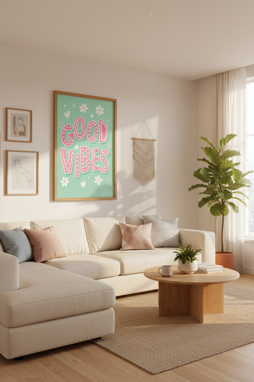 Retro Pastel Wall Art Print | Good Vibes Pink Mint Poster | Aesthetic Dorm Room Decor